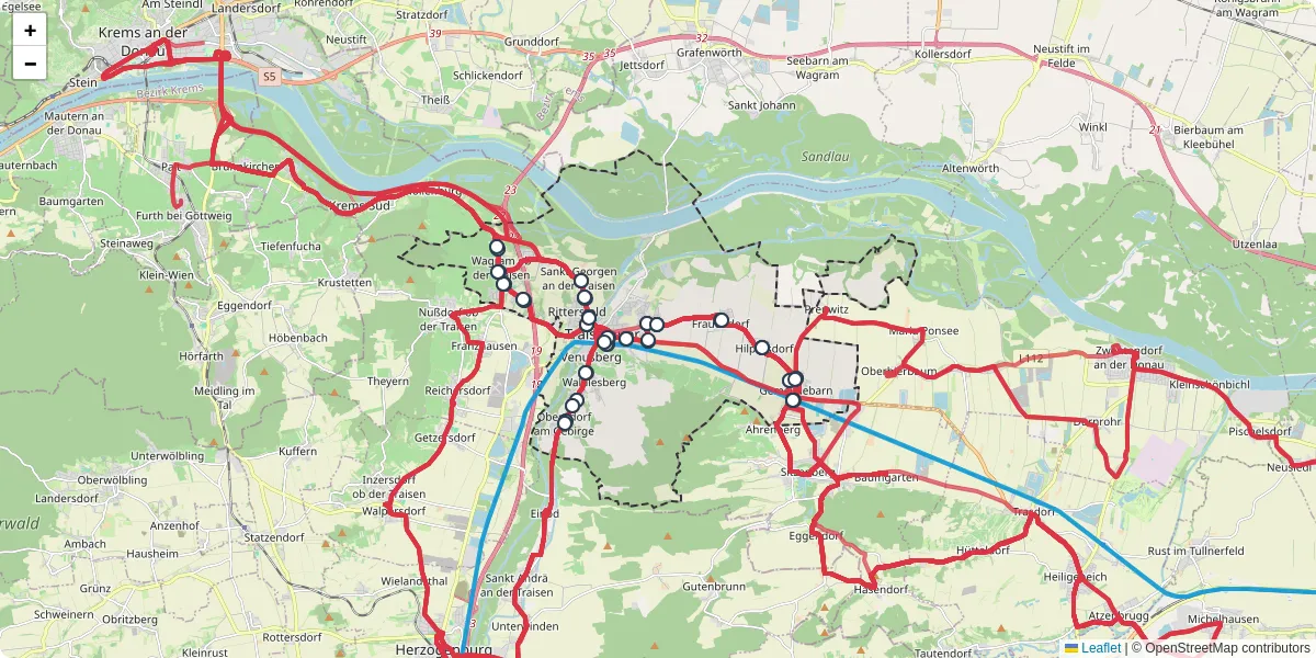 Nahverkehrsnetz in traismauer, Österreich - Buslinien, Haltestellen und Verbindungen auf der Karte