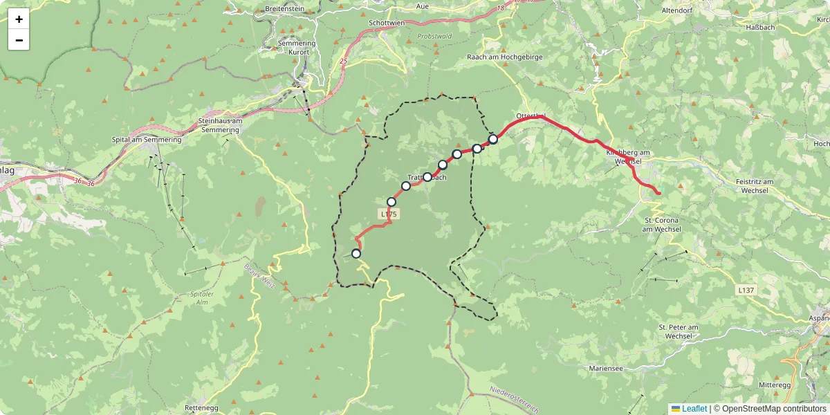 Nahverkehrsnetz in trattenbach, Österreich - Buslinien, Haltestellen und Verbindungen auf der Karte
