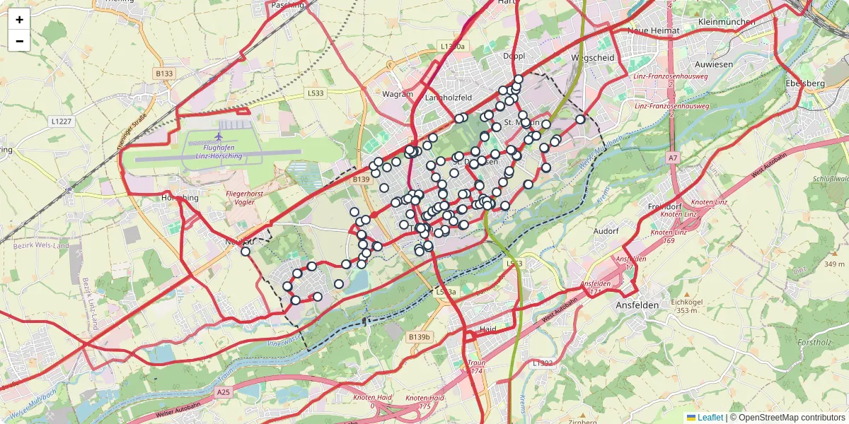 Nahverkehrsnetz in traun, Österreich - Buslinien, Haltestellen und Verbindungen auf der Karte