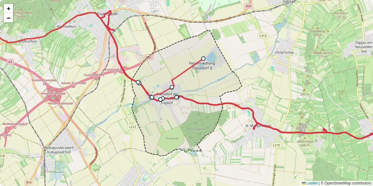 Nahverkehrsnetz in trausdorf-an-der-wulkatrajstof, Österreich - Buslinien, Haltestellen und Verbindungen auf der Karte
