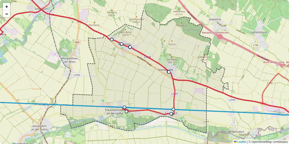 Nahverkehrsnetz in trautmannsdorf-an-der-leitha, Österreich - Buslinien, Haltestellen und Verbindungen auf der Karte