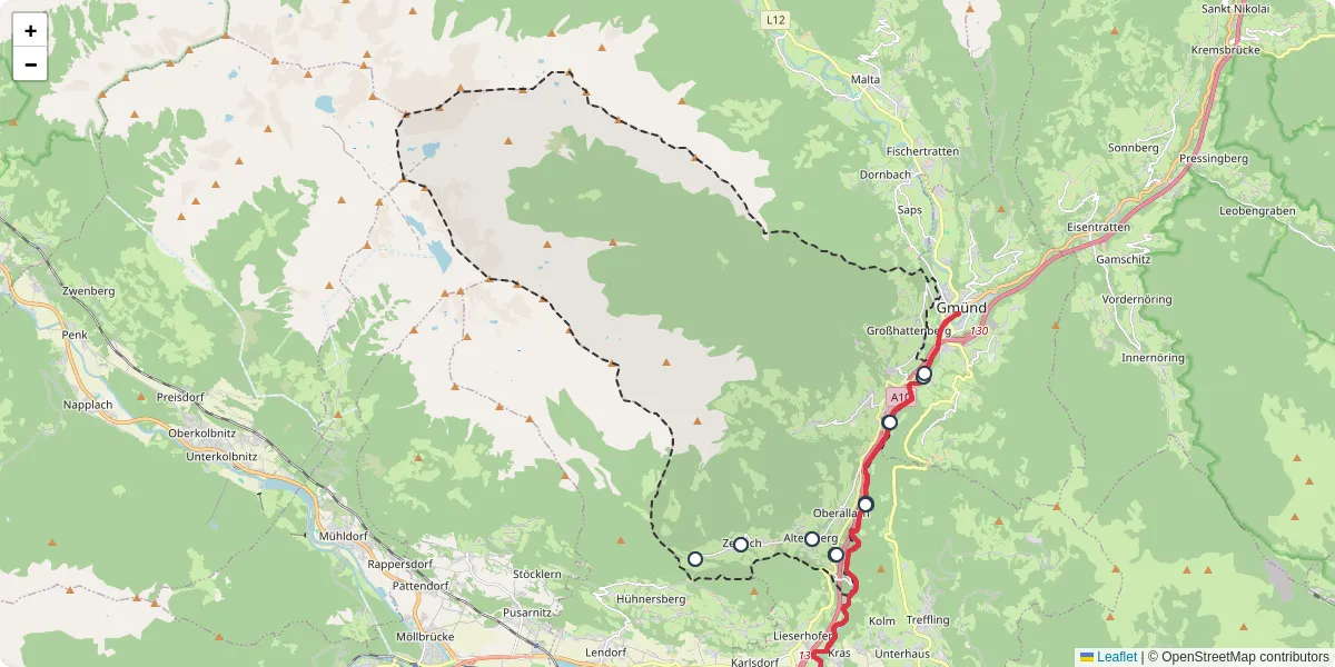 Nahverkehrsnetz in trebesing, Österreich - Buslinien, Haltestellen und Verbindungen auf der Karte