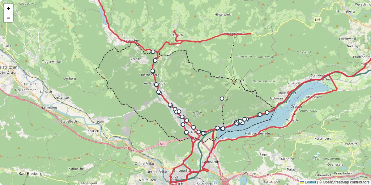 Nahverkehrsnetz in treffen-am-ossiacher-see, Österreich - Buslinien, Haltestellen und Verbindungen auf der Karte