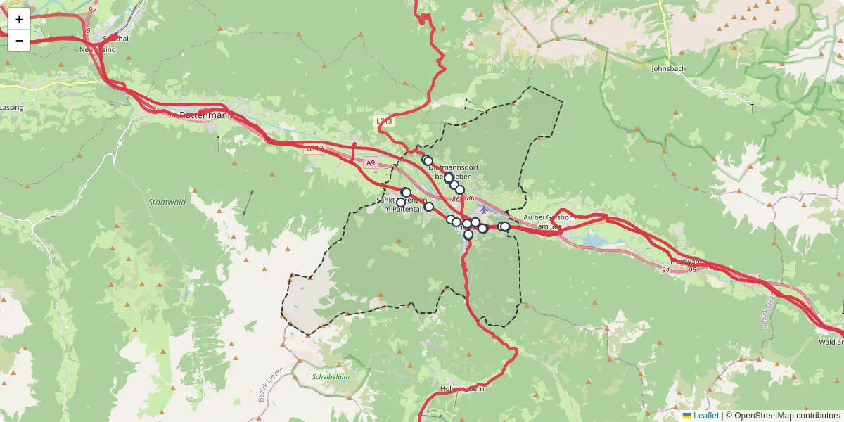 Nahverkehrsnetz in trieben, Österreich - Buslinien, Haltestellen und Verbindungen auf der Karte