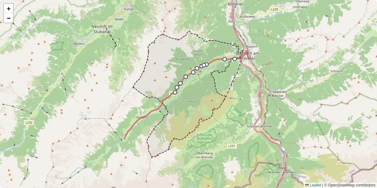Nahverkehrsnetz in trins, Österreich - Buslinien, Haltestellen und Verbindungen auf der Karte