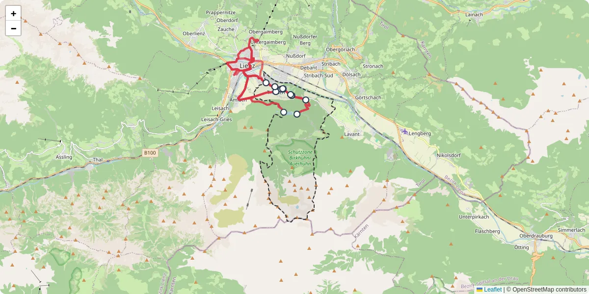Nahverkehrsnetz in tristach, Österreich - Buslinien, Haltestellen und Verbindungen auf der Karte