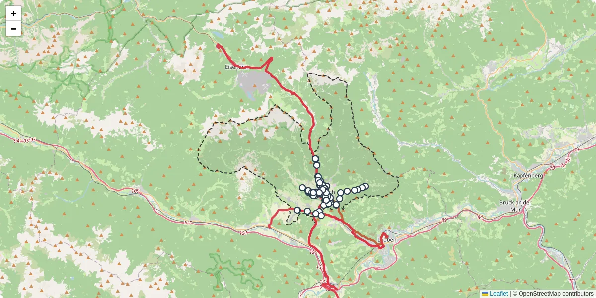 Nahverkehrsnetz in trofaiach, Österreich - Buslinien, Haltestellen und Verbindungen auf der Karte