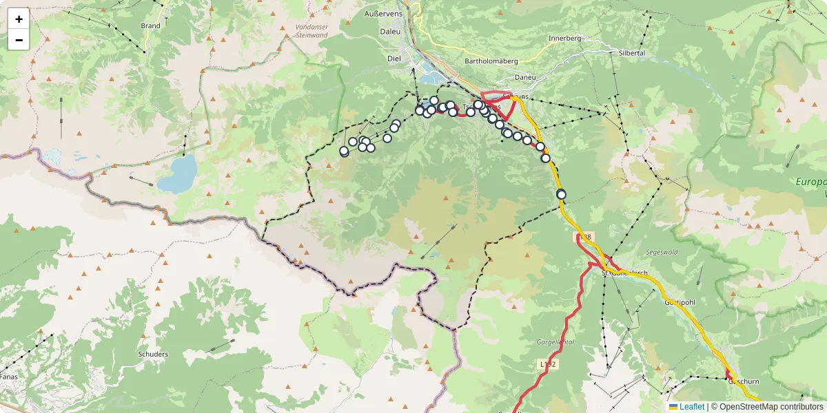 Nahverkehrsnetz in tschagguns, Österreich - Buslinien, Haltestellen und Verbindungen auf der Karte