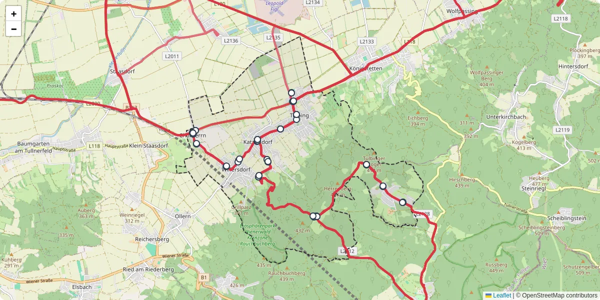 Nahverkehrsnetz in tulbing, Österreich - Buslinien, Haltestellen und Verbindungen auf der Karte