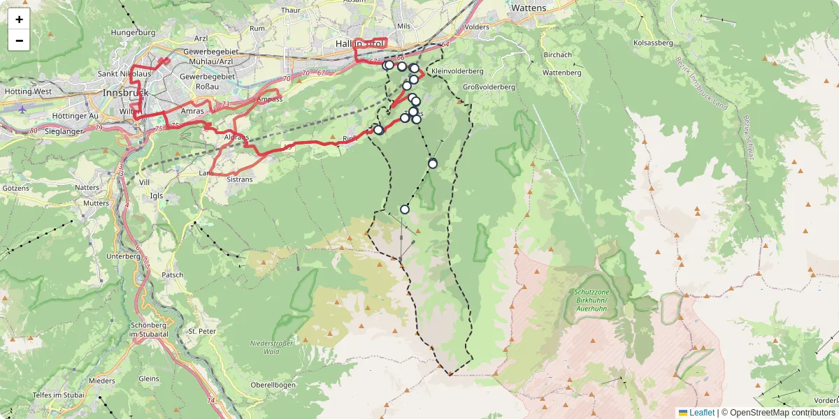 Nahverkehrsnetz in tulfes, Österreich - Buslinien, Haltestellen und Verbindungen auf der Karte