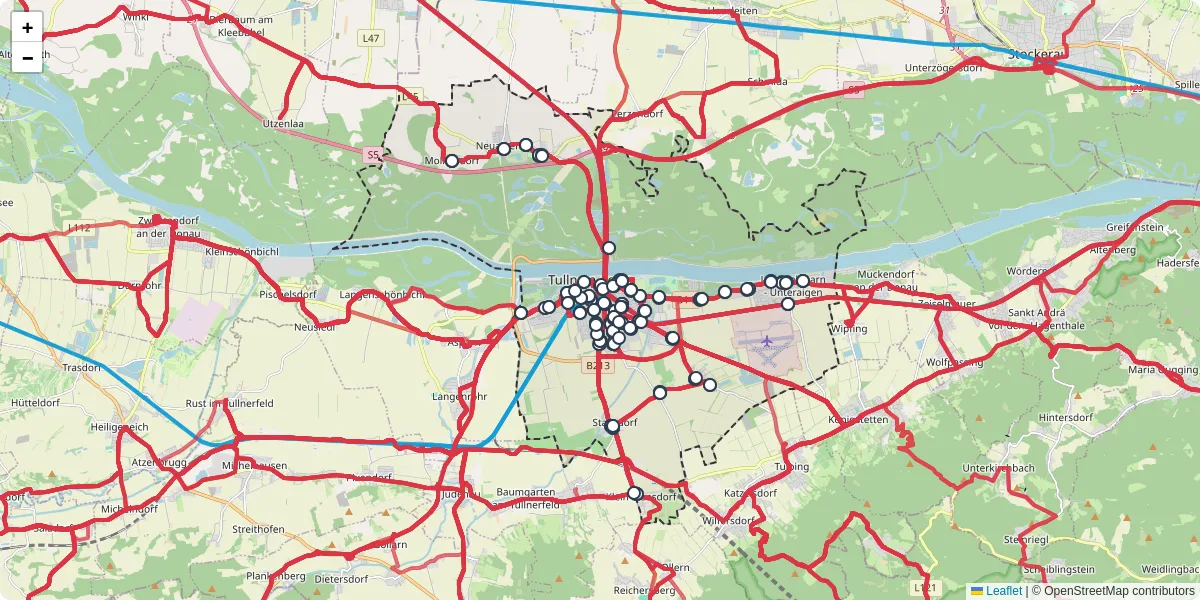 Nahverkehrsnetz in tulln-an-der-donau, Österreich - Buslinien, Haltestellen und Verbindungen auf der Karte
