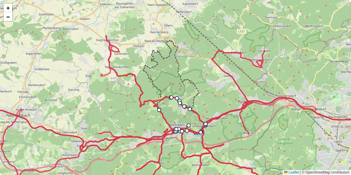 Nahverkehrsnetz in tullnerbach, Österreich - Buslinien, Haltestellen und Verbindungen auf der Karte