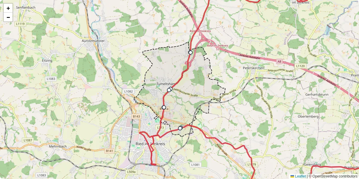Nahverkehrsnetz in tumeltsham, Österreich - Buslinien, Haltestellen und Verbindungen auf der Karte