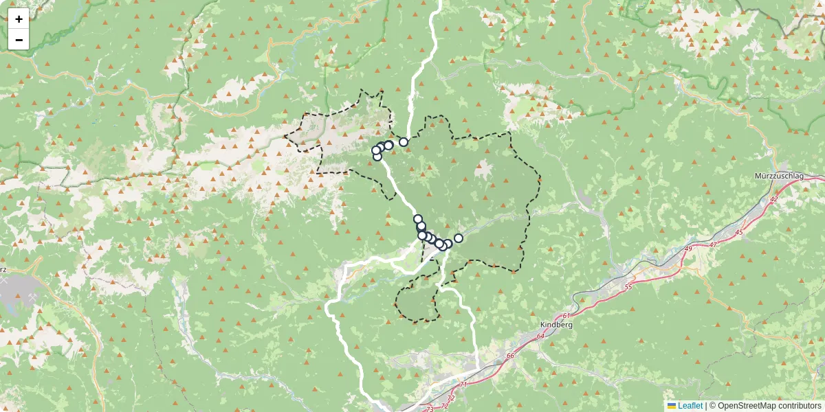 Nahverkehrsnetz in turnau, Österreich - Buslinien, Haltestellen und Verbindungen auf der Karte