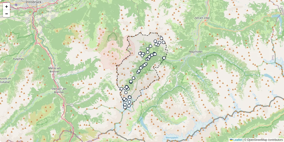 Nahverkehrsnetz in tux, Österreich - Buslinien, Haltestellen und Verbindungen auf der Karte