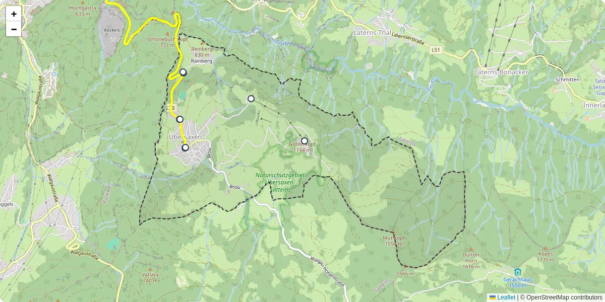 Nahverkehrsnetz in ubersaxen, Österreich - Buslinien, Haltestellen und Verbindungen auf der Karte