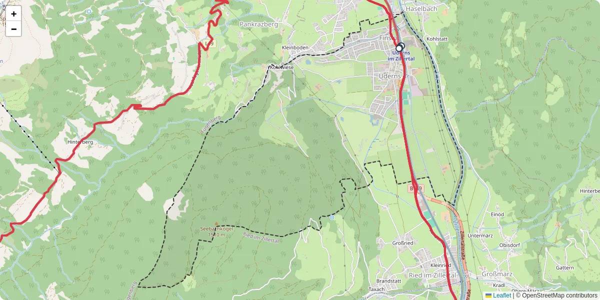 Nahverkehrsnetz in uderns, Österreich - Buslinien, Haltestellen und Verbindungen auf der Karte