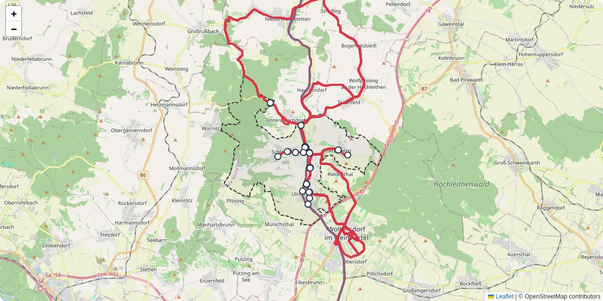 Nahverkehrsnetz in ulrichskirchen-schleinbach, Österreich - Buslinien, Haltestellen und Verbindungen auf der Karte