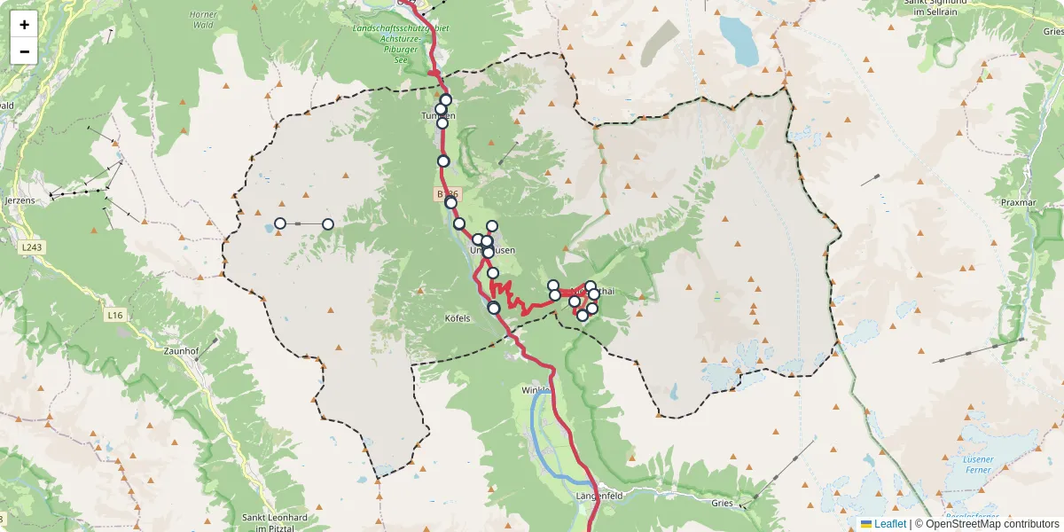 Nahverkehrsnetz in umhausen, Österreich - Buslinien, Haltestellen und Verbindungen auf der Karte