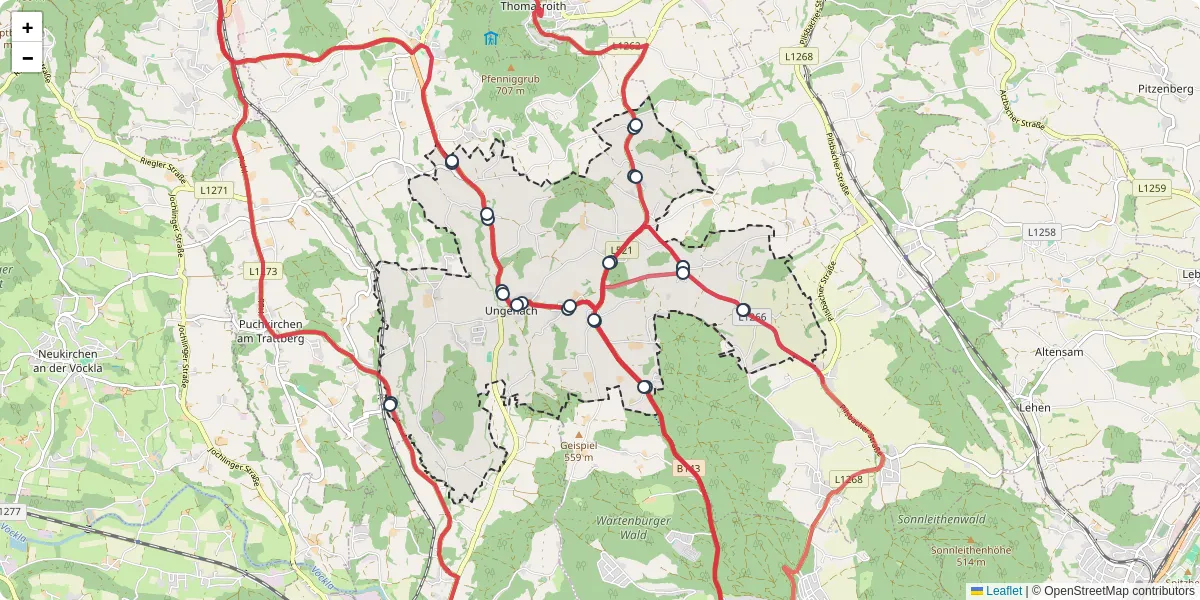 Nahverkehrsnetz in ungenach, Österreich - Buslinien, Haltestellen und Verbindungen auf der Karte