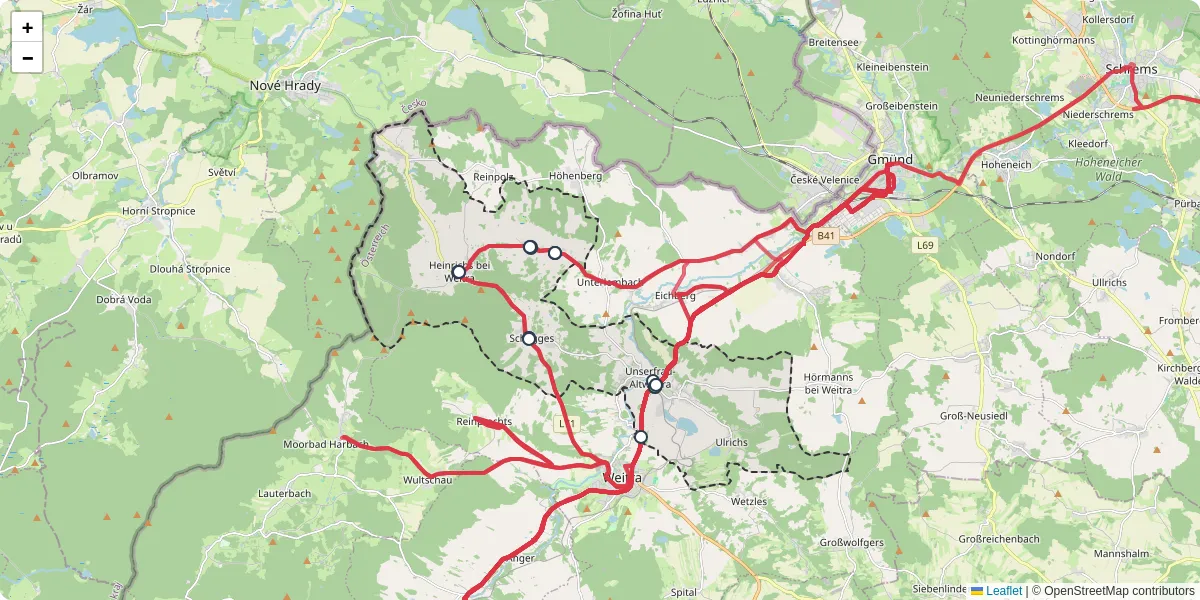 Nahverkehrsnetz in unserfrau-altweitra, Österreich - Buslinien, Haltestellen und Verbindungen auf der Karte