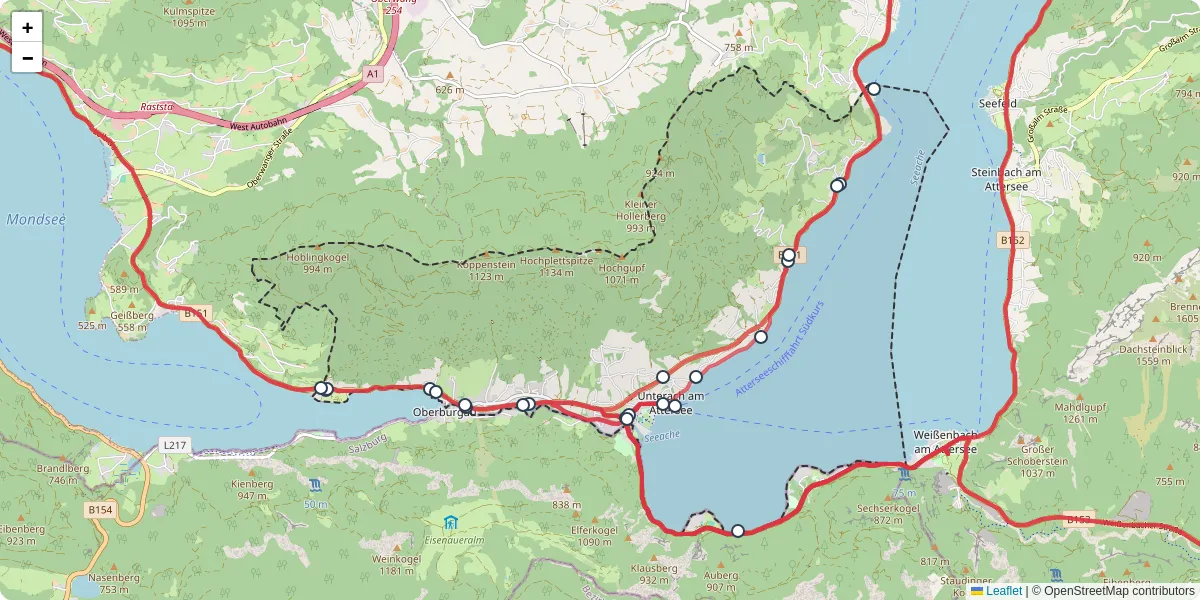 Nahverkehrsnetz in unterach-am-attersee, Österreich - Buslinien, Haltestellen und Verbindungen auf der Karte