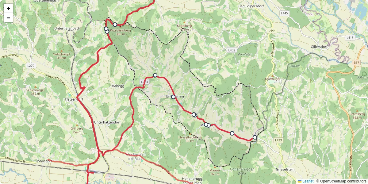 Nahverkehrsnetz in unterlamm, Österreich - Buslinien, Haltestellen und Verbindungen auf der Karte