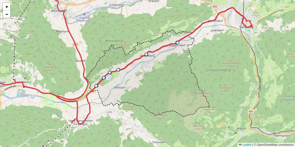 Nahverkehrsnetz in unternberg, Österreich - Buslinien, Haltestellen und Verbindungen auf der Karte