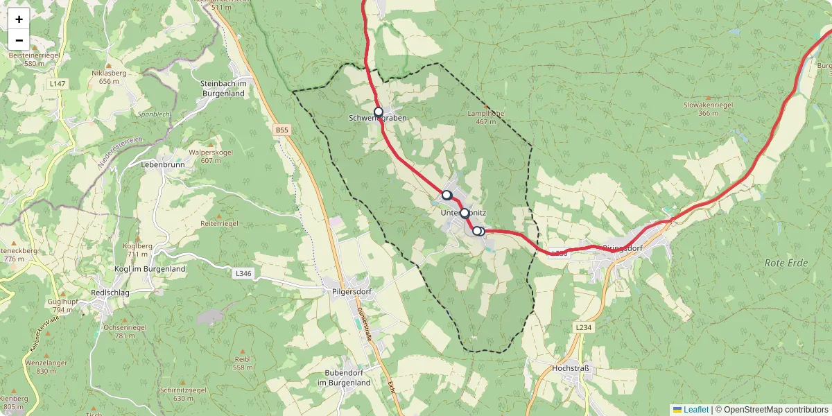 Nahverkehrsnetz in unterrabnitz-schwendgraben, Österreich - Buslinien, Haltestellen und Verbindungen auf der Karte