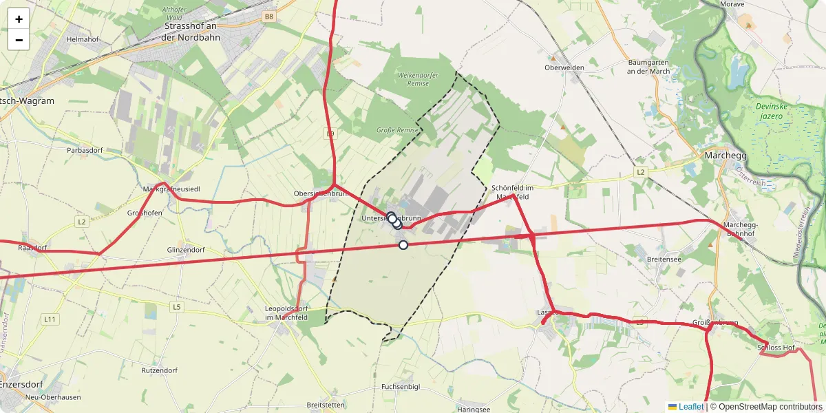 Nahverkehrsnetz in untersiebenbrunn, Österreich - Buslinien, Haltestellen und Verbindungen auf der Karte