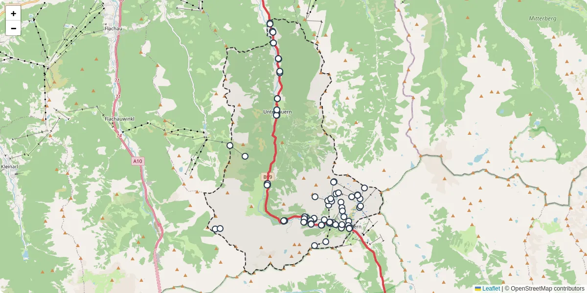 Nahverkehrsnetz in untertauern, Österreich - Buslinien, Haltestellen und Verbindungen auf der Karte