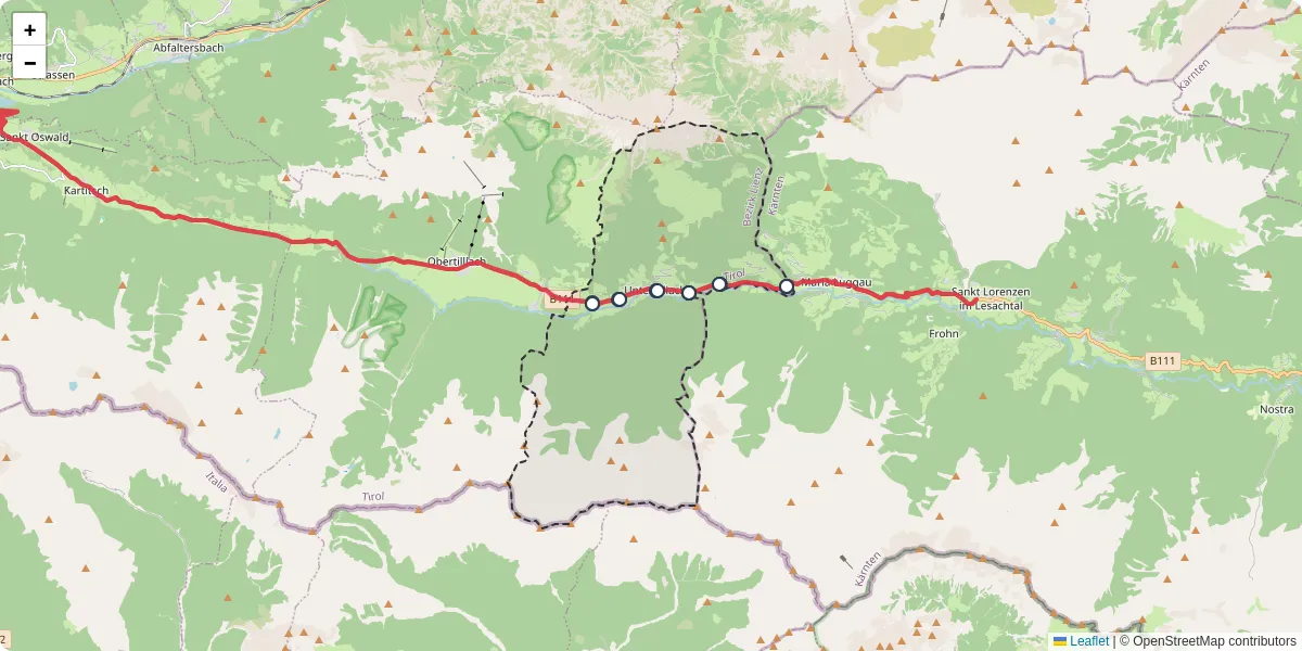 Nahverkehrsnetz in untertilliach, Österreich - Buslinien, Haltestellen und Verbindungen auf der Karte