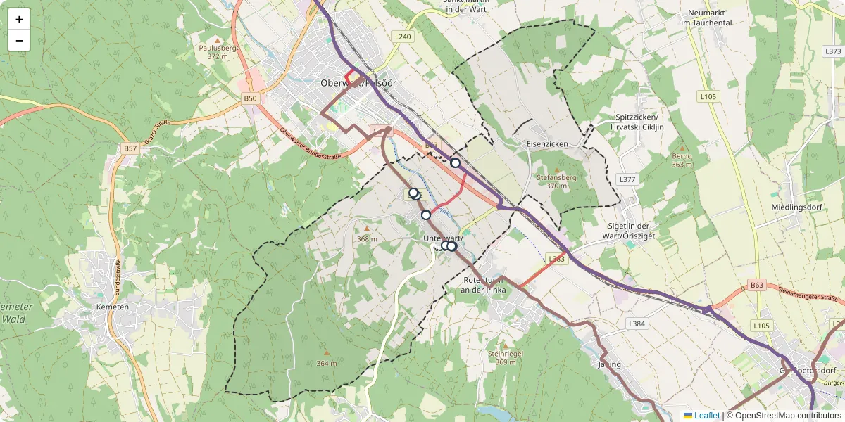 Nahverkehrsnetz in unterwartalsoor, Österreich - Buslinien, Haltestellen und Verbindungen auf der Karte