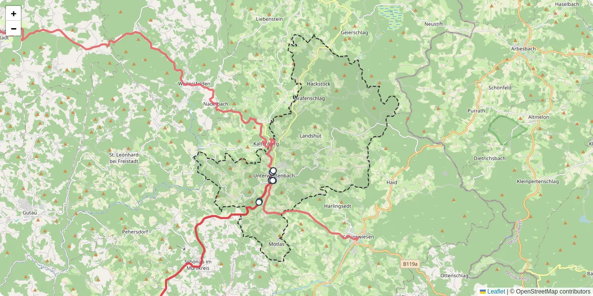 Nahverkehrsnetz in unterweienbach, Österreich - Buslinien, Haltestellen und Verbindungen auf der Karte