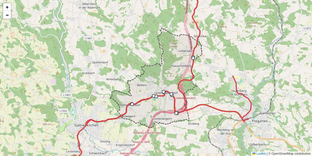 Nahverkehrsnetz in unterweitersdorf, Österreich - Buslinien, Haltestellen und Verbindungen auf der Karte
