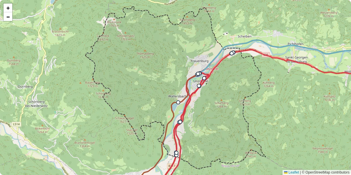Nahverkehrsnetz in unzmarkt-frauenburg, Österreich - Buslinien, Haltestellen und Verbindungen auf der Karte