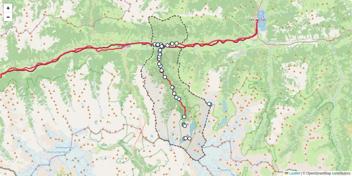 Nahverkehrsnetz in uttendorf, Österreich - Buslinien, Haltestellen und Verbindungen auf der Karte