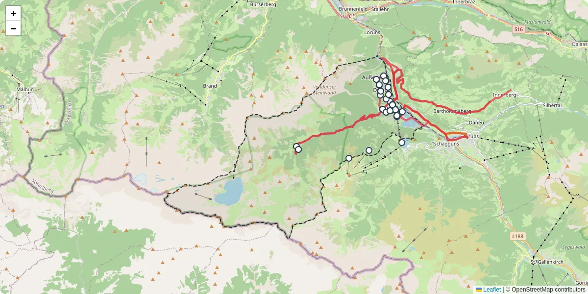 Nahverkehrsnetz in vandans, Österreich - Buslinien, Haltestellen und Verbindungen auf der Karte