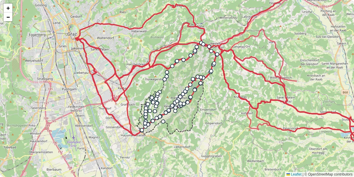 Nahverkehrsnetz in vasoldsberg, Österreich - Buslinien, Haltestellen und Verbindungen auf der Karte