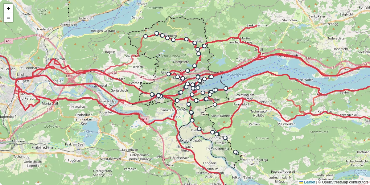 Nahverkehrsnetz in velden-am-worther-see, Österreich - Buslinien, Haltestellen und Verbindungen auf der Karte