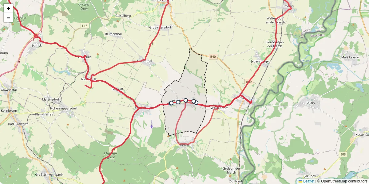 Nahverkehrsnetz in velm-gotzendorf, Österreich - Buslinien, Haltestellen und Verbindungen auf der Karte