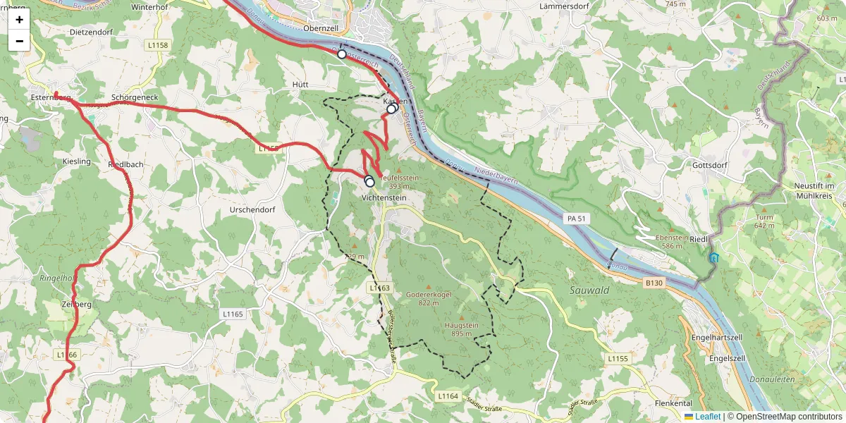 Nahverkehrsnetz in vichtenstein, Österreich - Buslinien, Haltestellen und Verbindungen auf der Karte