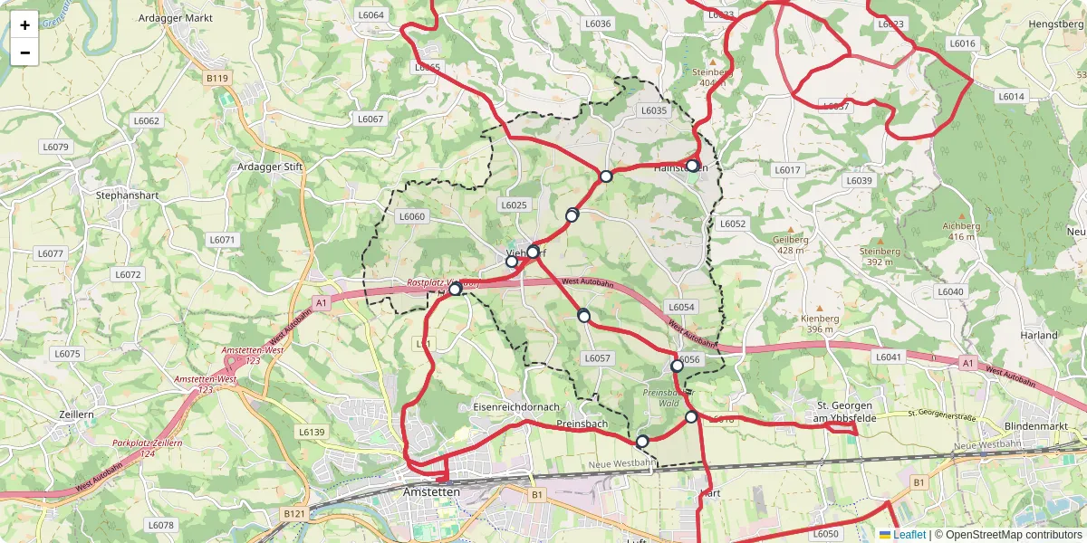 Nahverkehrsnetz in viehdorf, Österreich - Buslinien, Haltestellen und Verbindungen auf der Karte