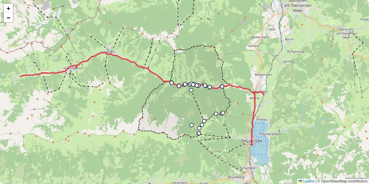 Nahverkehrsnetz in viehhofen, Österreich - Buslinien, Haltestellen und Verbindungen auf der Karte