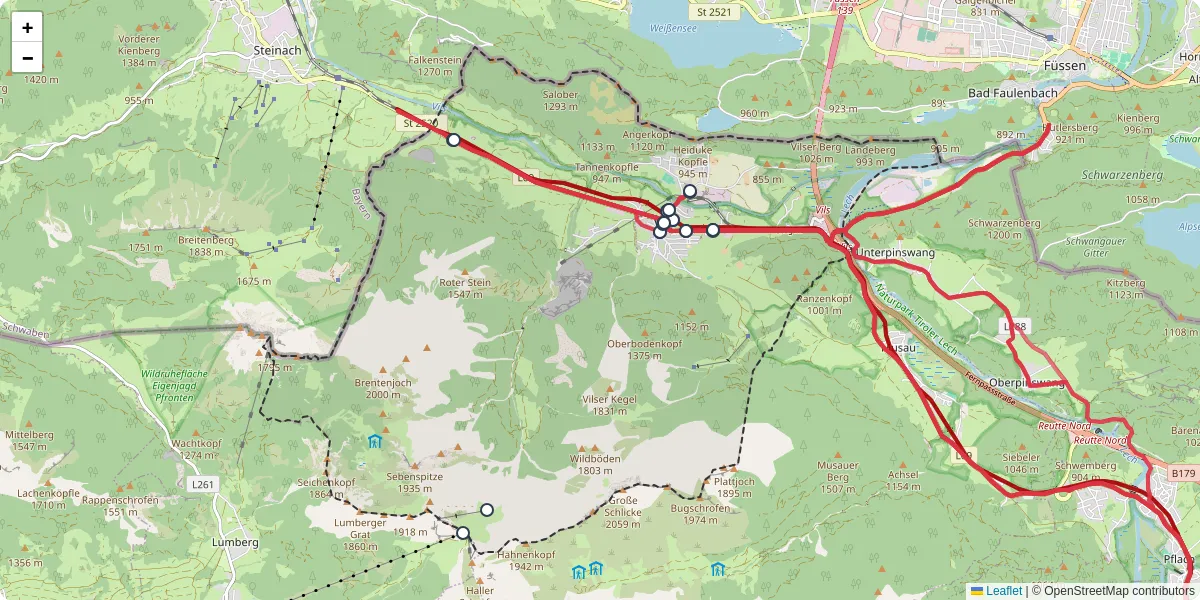 Nahverkehrsnetz in vils, Österreich - Buslinien, Haltestellen und Verbindungen auf der Karte