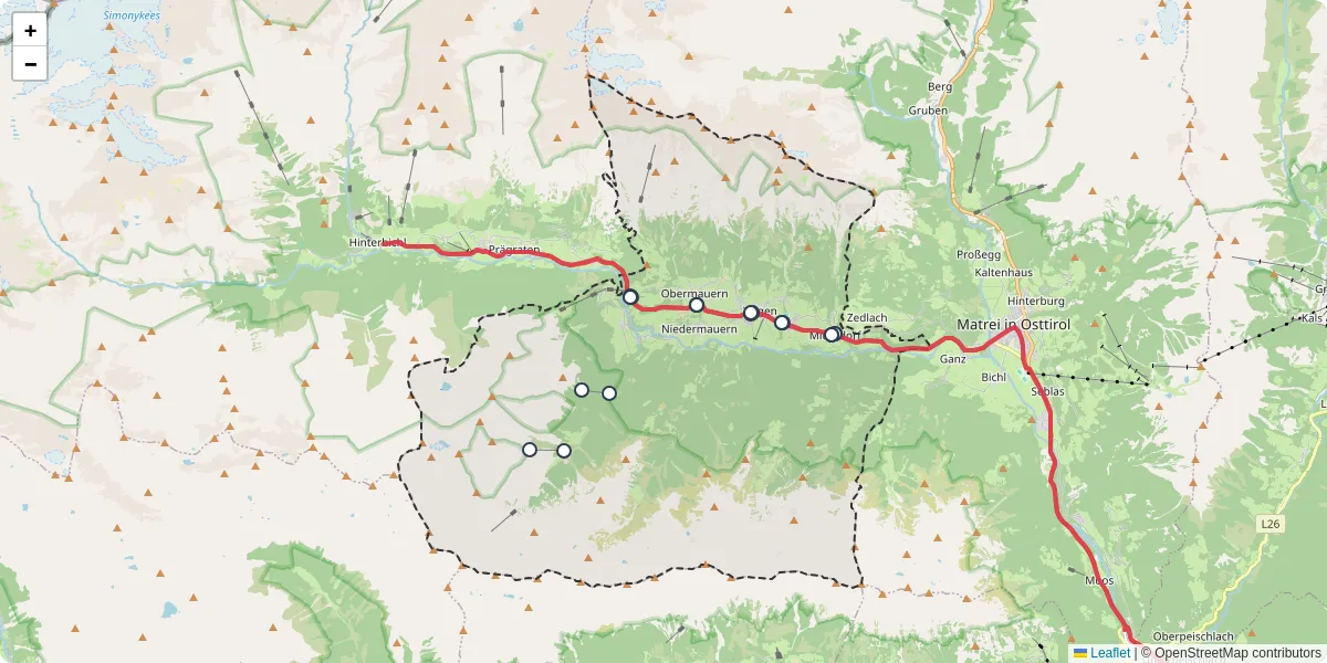 Nahverkehrsnetz in virgen, Österreich - Buslinien, Haltestellen und Verbindungen auf der Karte