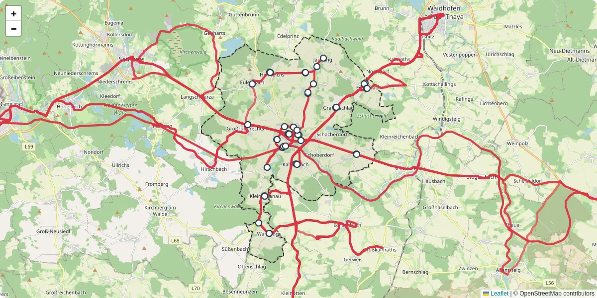 Nahverkehrsnetz in vitis, Österreich - Buslinien, Haltestellen und Verbindungen auf der Karte