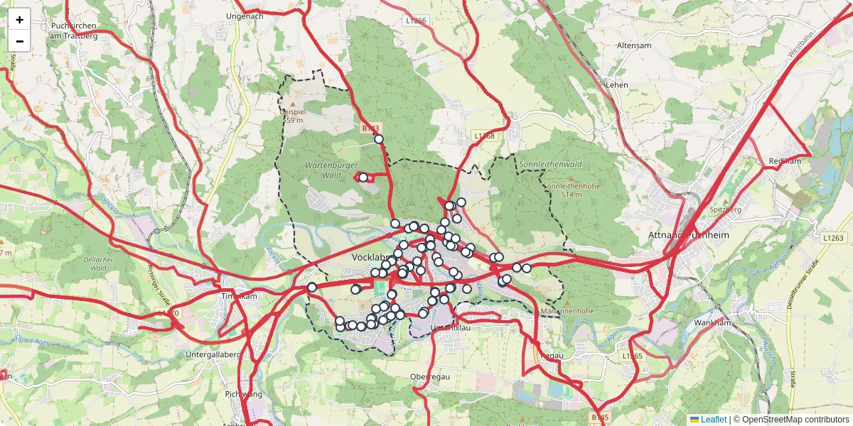 Nahverkehrsnetz in vocklabruck, Österreich - Buslinien, Haltestellen und Verbindungen auf der Karte
