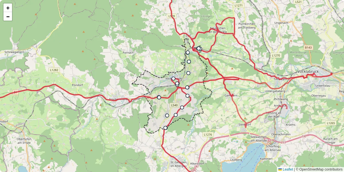 Nahverkehrsnetz in vocklamarkt, Österreich - Buslinien, Haltestellen und Verbindungen auf der Karte