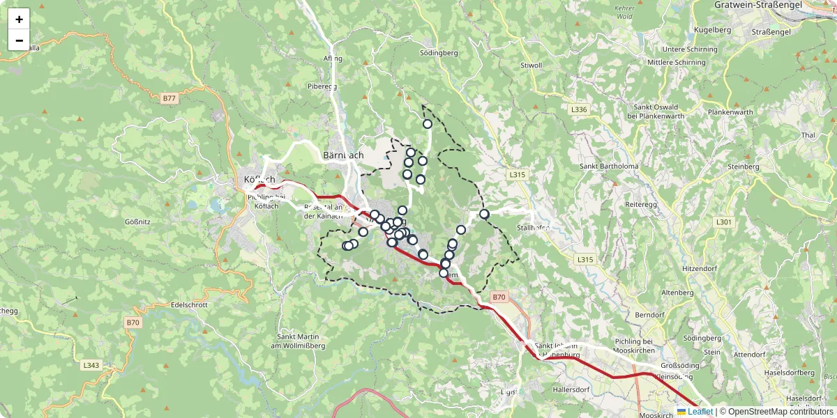 Nahverkehrsnetz in voitsberg, Österreich - Buslinien, Haltestellen und Verbindungen auf der Karte
